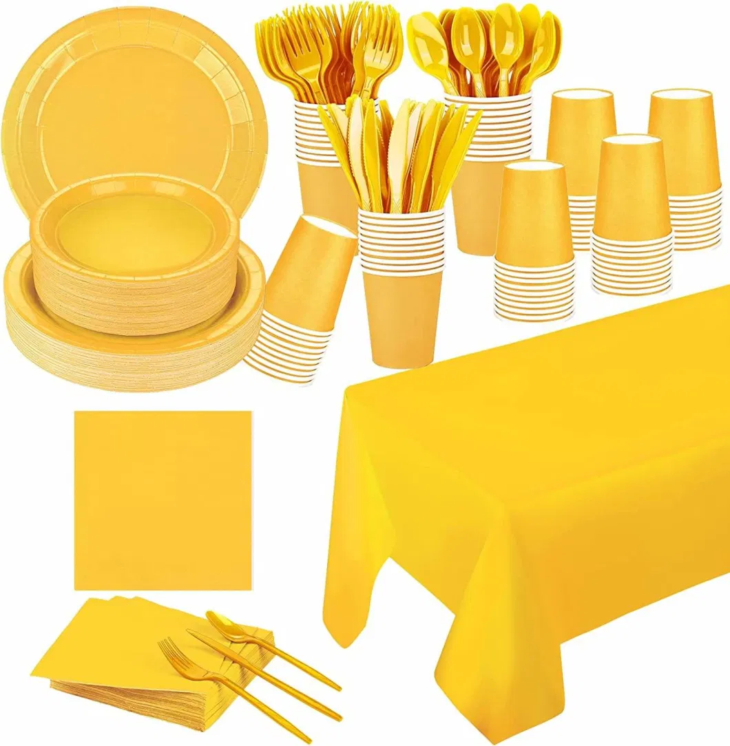 Colorful Paper Disposable Tableware Party Supplies Plates Cups Napkins Forks Knives Spoons Tablecloth Set