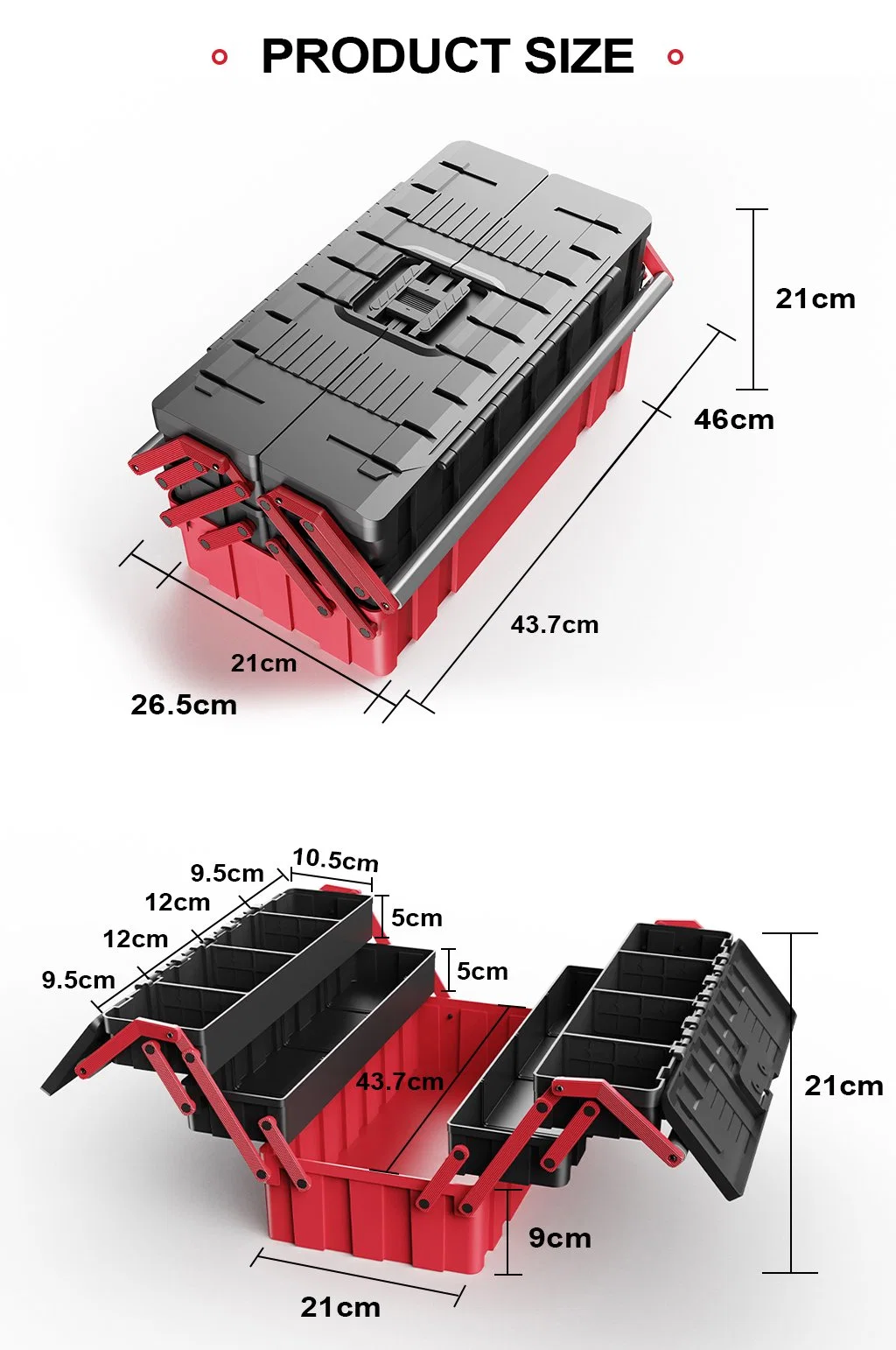 Hot Sale Foldable 18&quot; 3 Layers 5 Trays Hardware Tool Plastic Case Toolbox with Double Handle