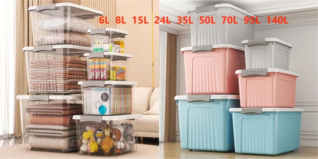 6L to 250L Large Space Plastic Storage Box with Wheels and Handle for Organizer