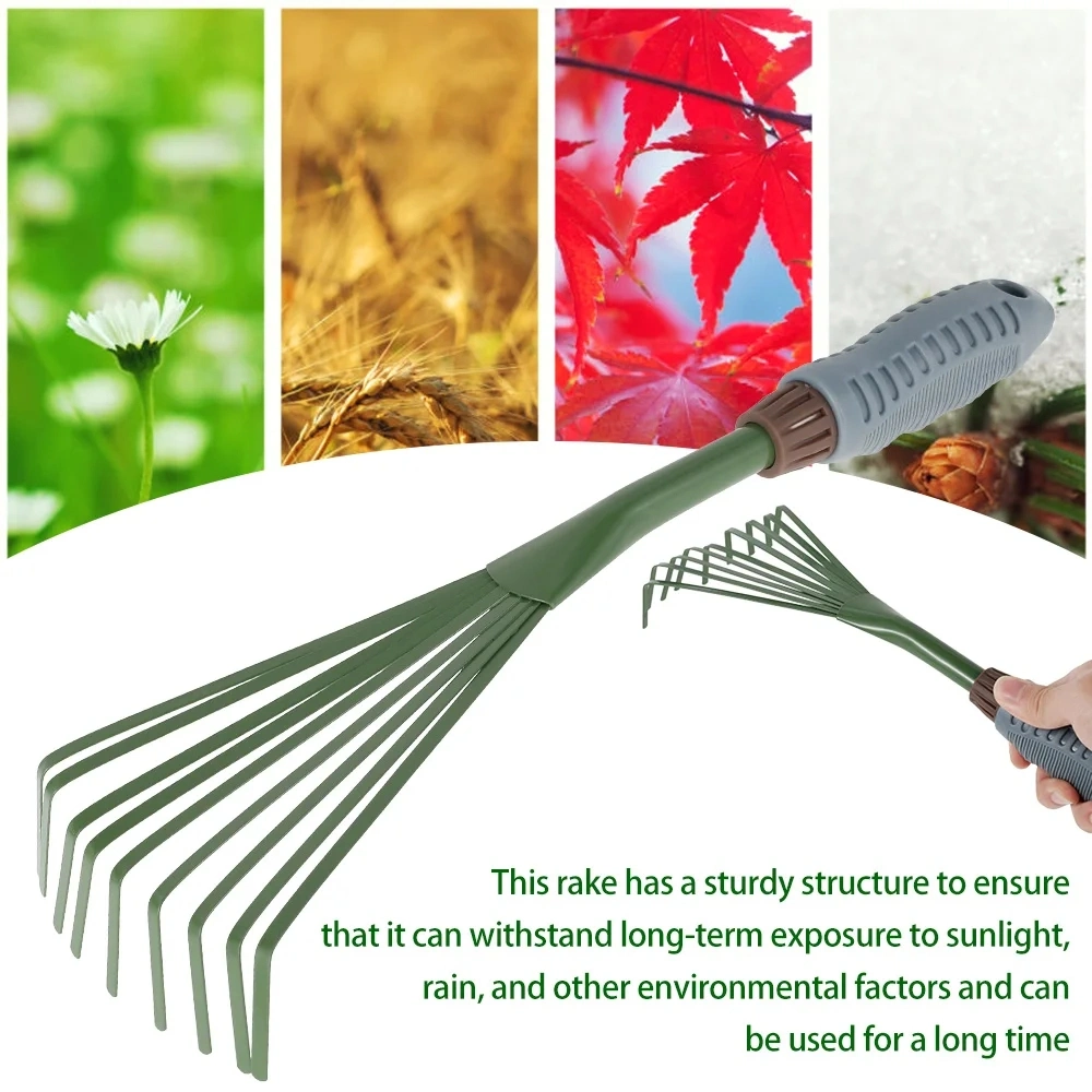 9 Teeth Garden Rake 15.5 Inch Grass Rake Hand Rake Leaf Broom with Grip Cleaning Rake Pet Excrement Rake Gardening Tools