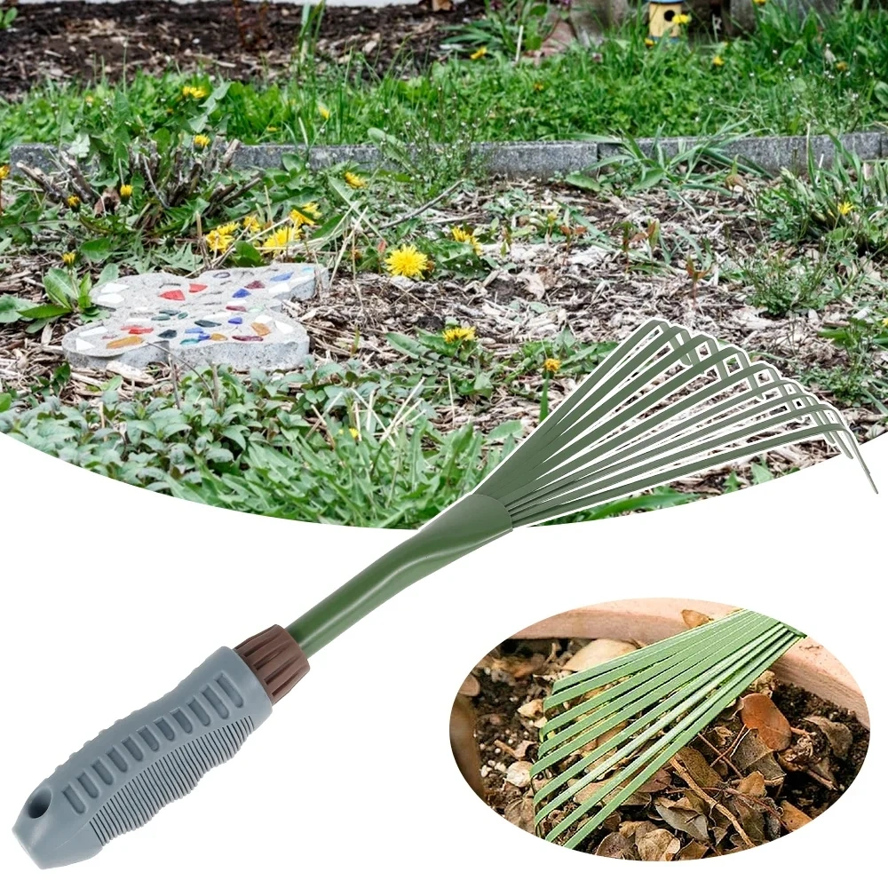 9 Teeth Garden Rake 15.5 Inch Grass Rake Hand Rake Leaf Broom with Grip Cleaning Rake Pet Excrement Rake Gardening Tools