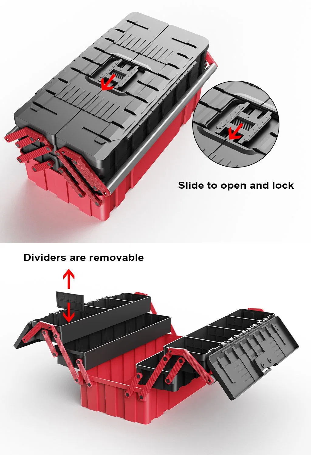 Hot Sale Foldable 18&quot; 3 Layers 5 Trays Hardware Tool Plastic Case Toolbox with Double Handle