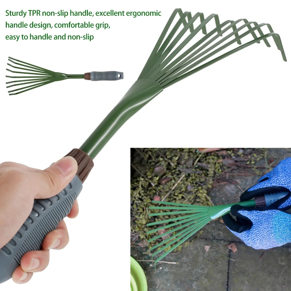 9 Teeth Garden Rake 15.5 Inch Grass Rake Hand Rake Leaf Broom with Grip Cleaning Rake Pet Excrement Rake Gardening Tools