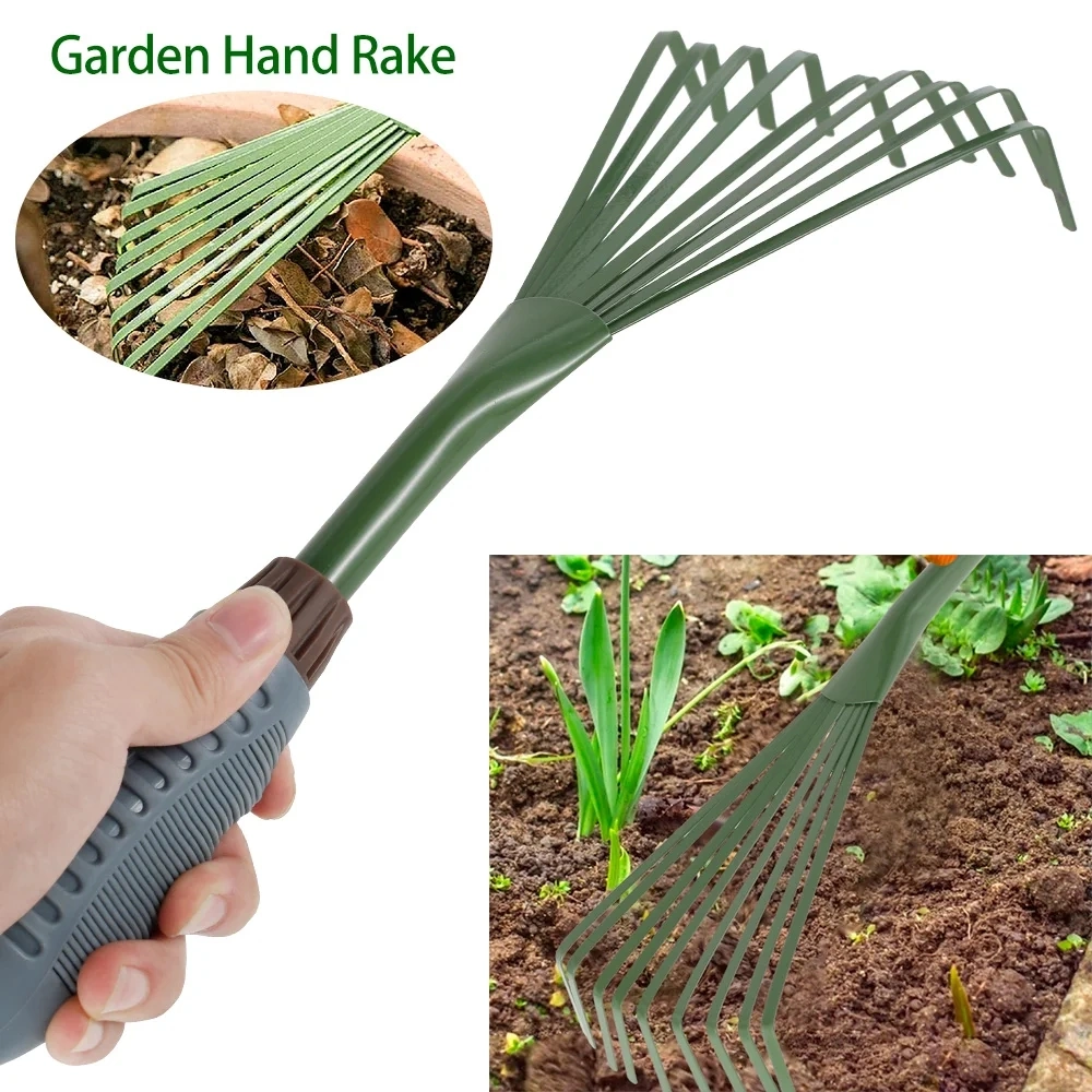 9 Teeth Garden Rake 15.5 Inch Grass Rake Hand Rake Leaf Broom with Grip Cleaning Rake Pet Excrement Rake Gardening Tools