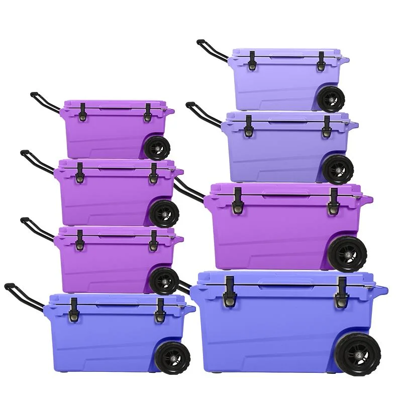 Customized LLDPE Camping Ice Chest Cooler Box with Big Metal Handle and Wheel