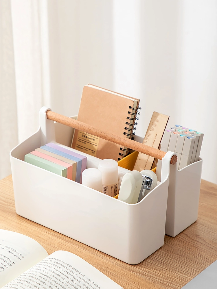 Multi-Functional Storage Box Stackable Portable Desktop Office Stationary Storage Box Cosmetic Organizer Box with Wooden Handle