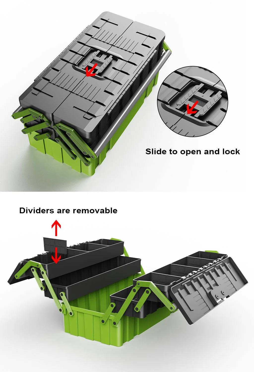 Factory Direct Foldable 18 Inch 3 Layers 5 Trays Mechanical Cantilever Plastic Toolbox with Double Handle