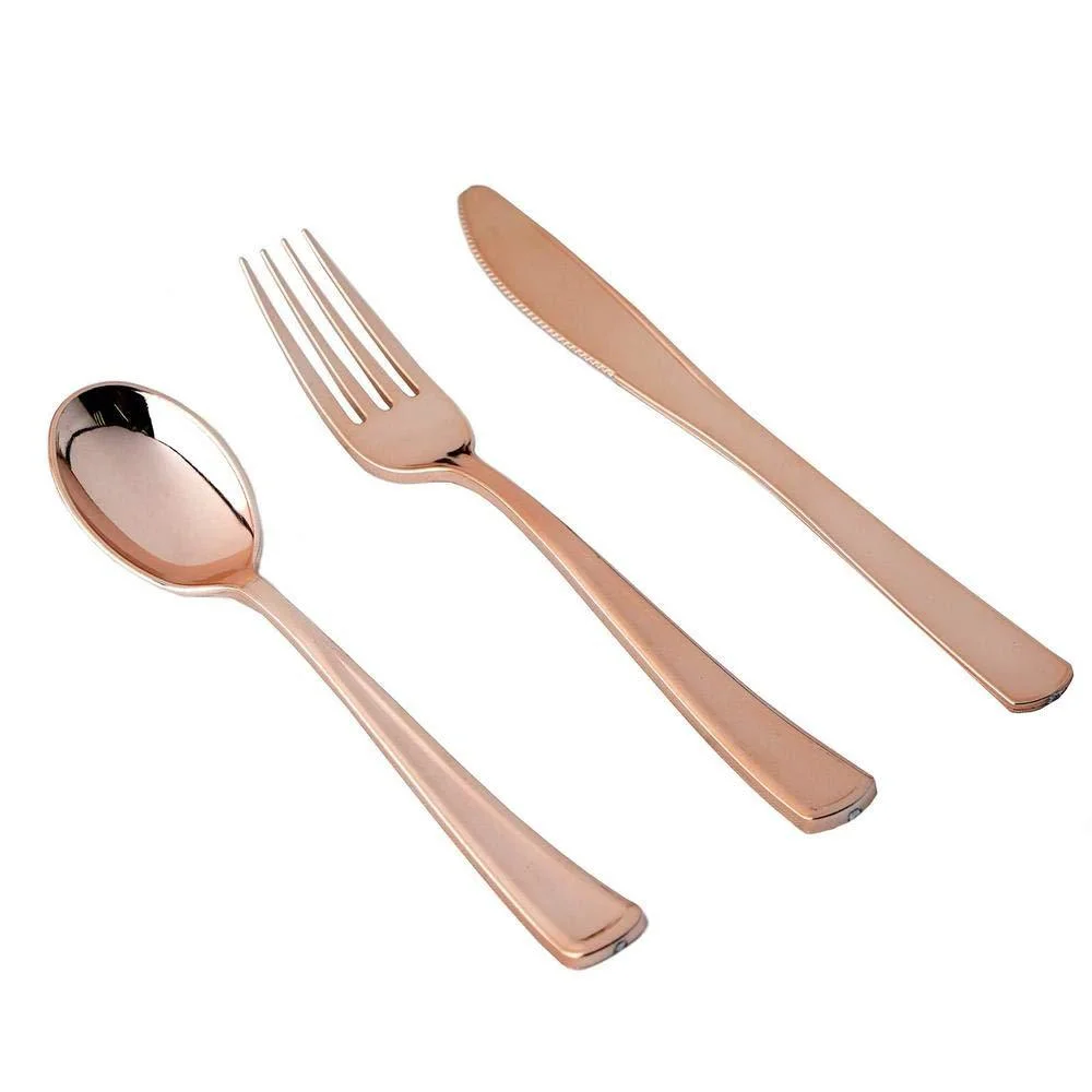 Wedding Party Rose Golden Cutlery Set Plastic Disposable Spoon Fork Knife for Party