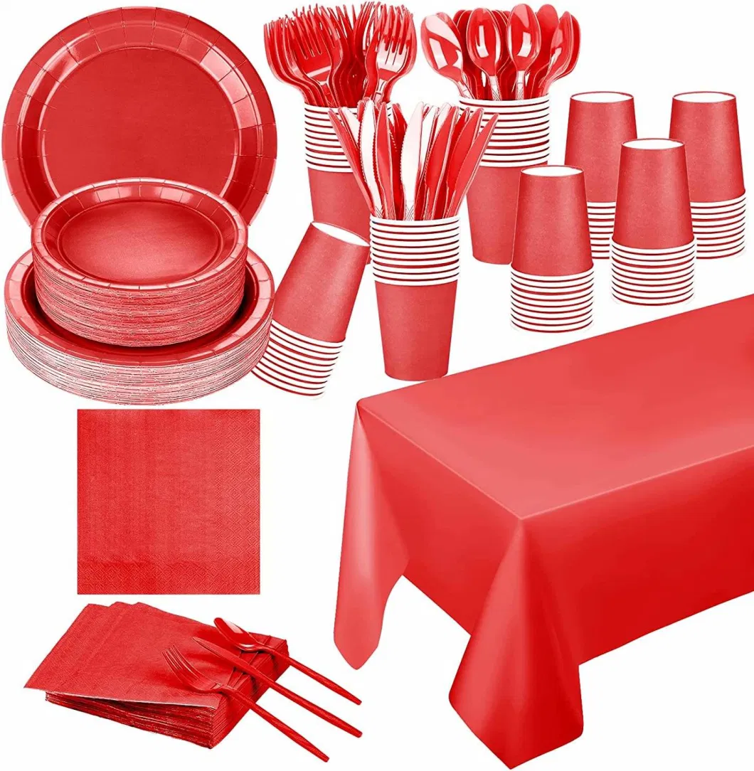 Colorful Paper Disposable Tableware Party Supplies Plates Cups Napkins Forks Knives Spoons Tablecloth Set