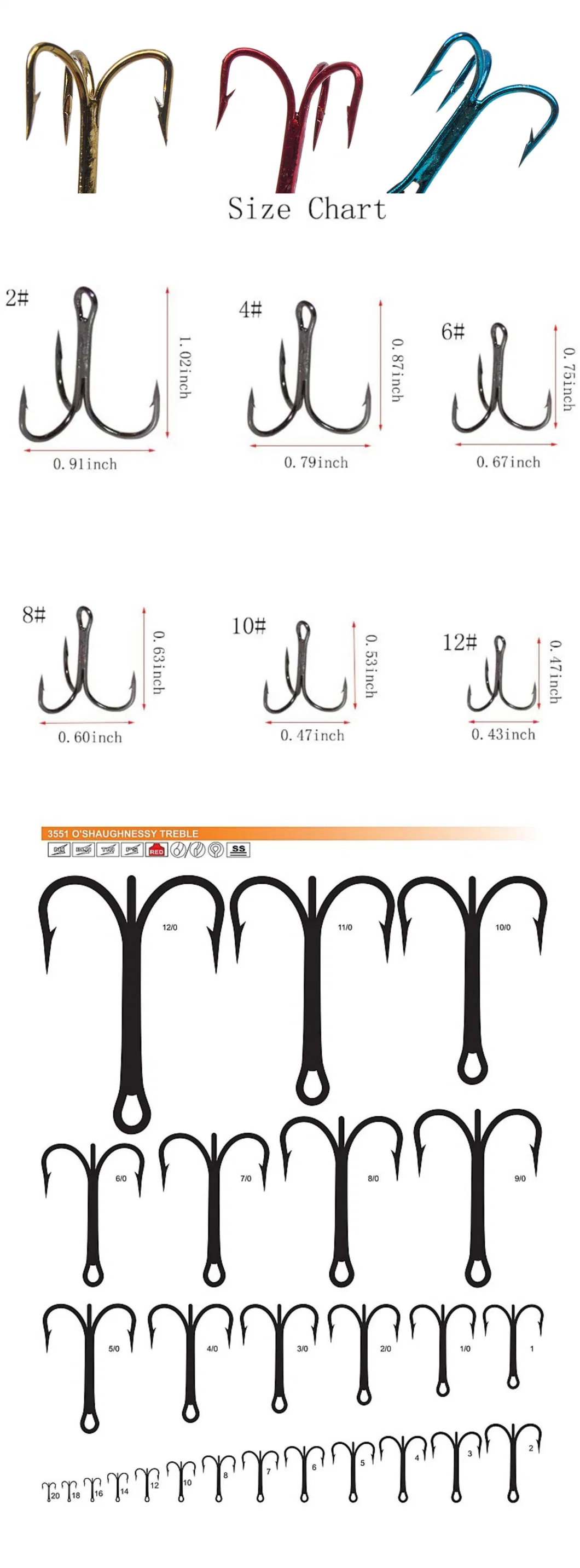 Colorful Red/Nickel/Black Color Saltwater Fishing O Shaughnessy Treble Hooks