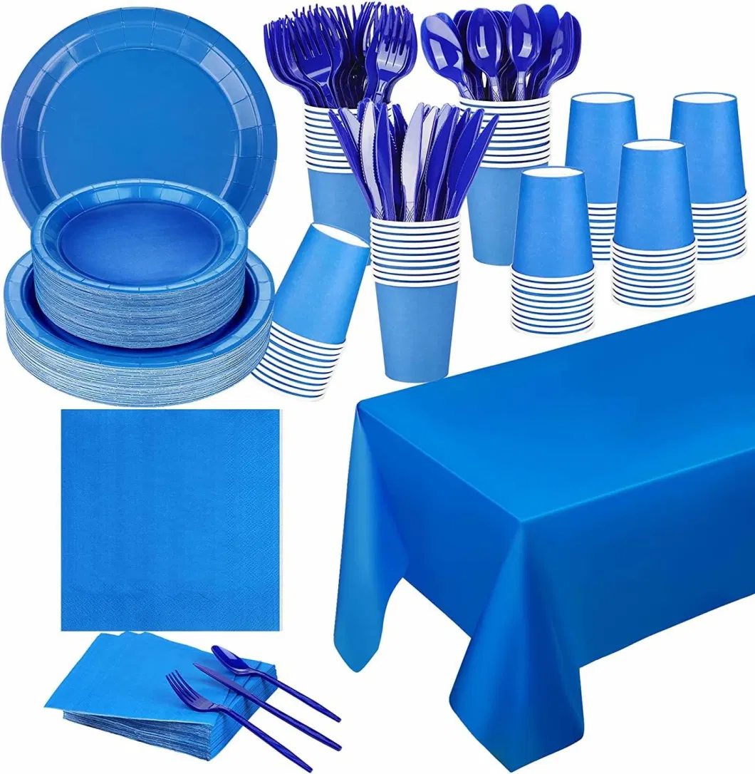 Colorful Paper Disposable Tableware Party Supplies Plates Cups Napkins Forks Knives Spoons Tablecloth Set