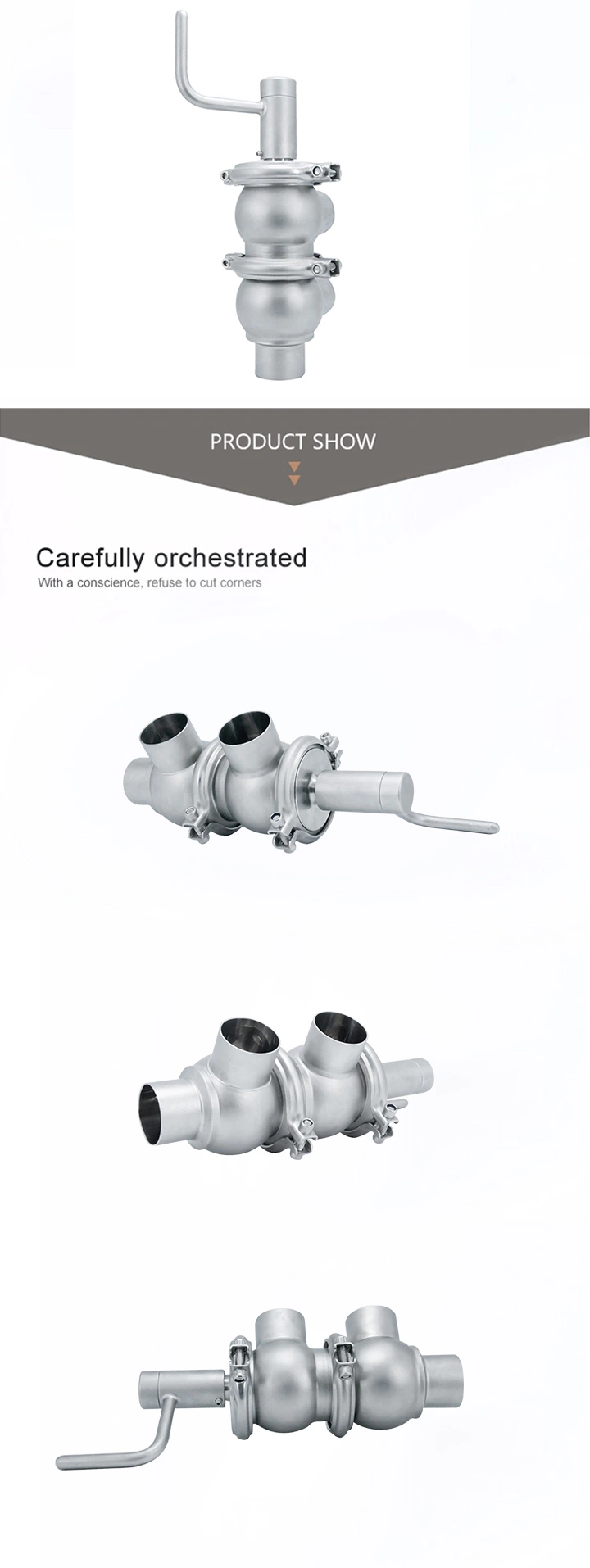 Sanitary Mannual Stainless Steel AISI304 Ll Type Reversal Valves Diversion Valves for 2 3way Flow