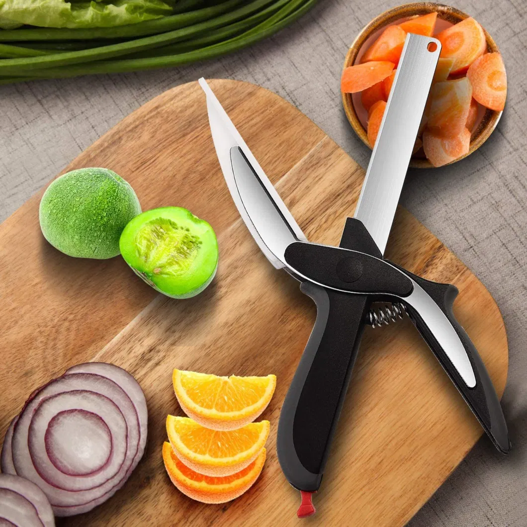 Stainless Steel Knife with Cutting Board Built-in 2-in-1 Clever Food Chopper Cutter Smart for Chopping Fruits, Vegetables, Meats, Cheese Kitchen Gadget Bl12092