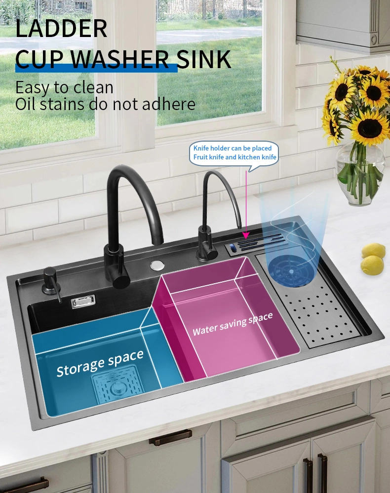 304 Stainless Steel Black Nano Kitchen Sink Knife Holder Cup Washer Multi-Purpose Set