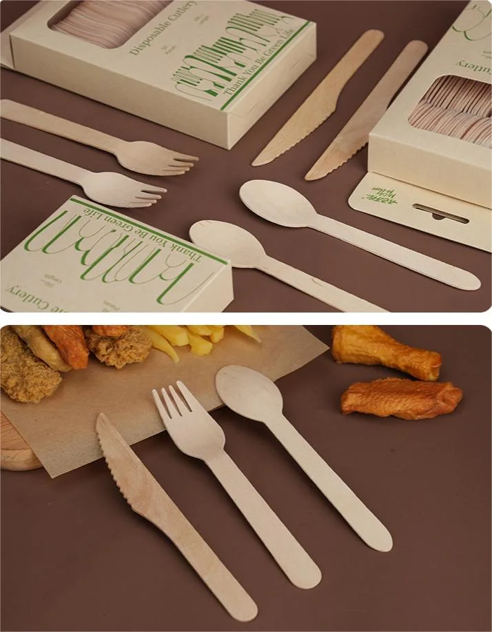 Custom Package Natural Birch Wood Biodegradable Party Cutlery Disposable Wooden Cutlery Spoon Fork Knife