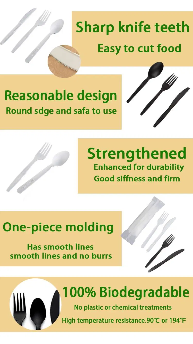 Biodegradable Flatware 100% Compostable Disposable Cpla Cutlery Set Black 170mm Fork Knife Spoon Tableware Set