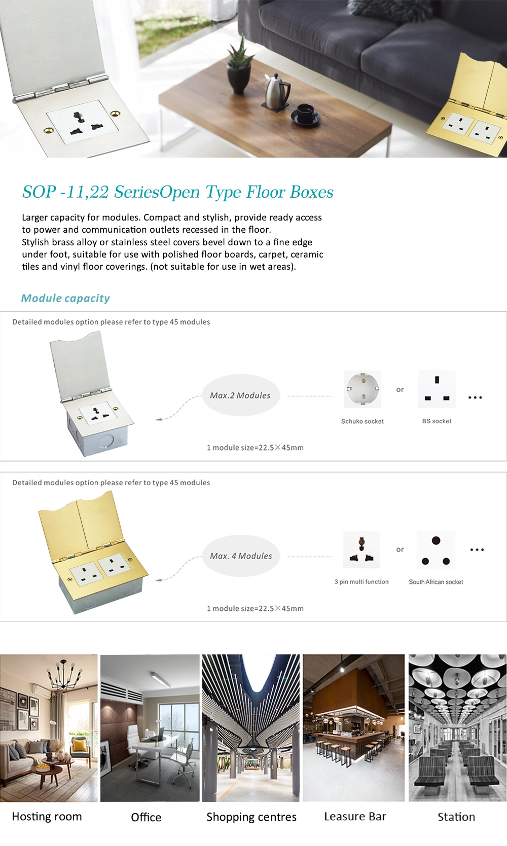 Rectangular Brass 4 Module Capacity Flip up Type Floor Outlet, Ce, TUV Certified