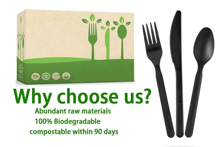 Biodegradable Flatware 100% Compostable Disposable Cpla Cutlery Set Black 170mm Fork Knife Spoon Tableware Set