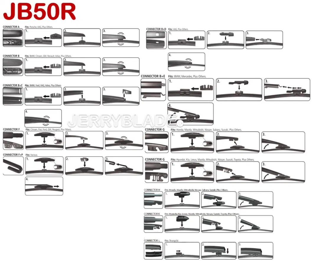 Jerryblade New Updates Car Multi 12 OE Adapters Replace Multifunction Beam Rear Wiper Blade, From 9 to 20 Inch, Top Quality Best Seller Multi Adapters Multi Use