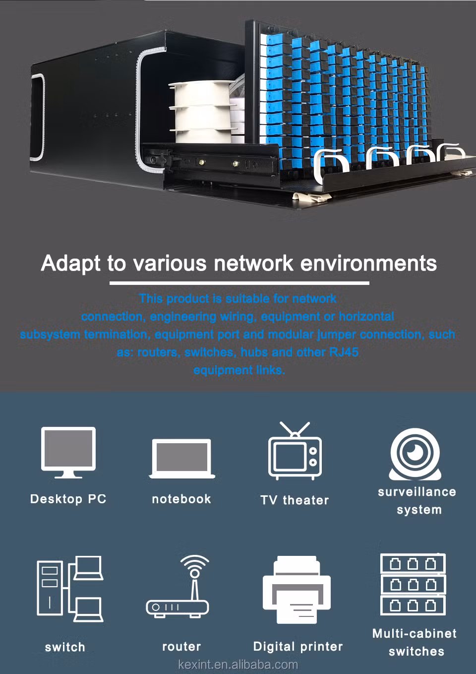 Kexint FTTH Rack Mount Full Load ODF Fiber Optic Distribution Frame with 144 Ports Sc/Upc Patch Cord Pigtail and Adaptor