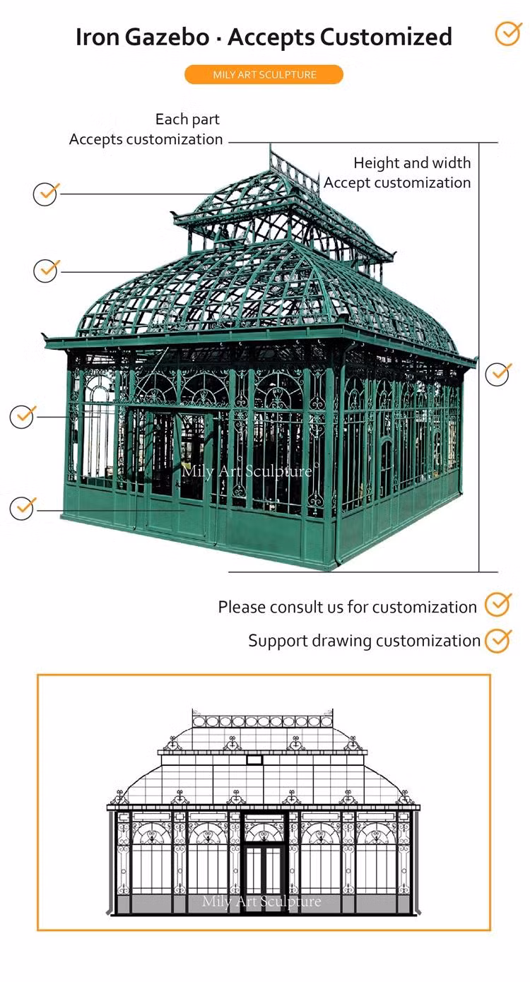 Garden Ornament Metal Frame Pavilion Wrought Iron Gazebos Greenhouse for Sale