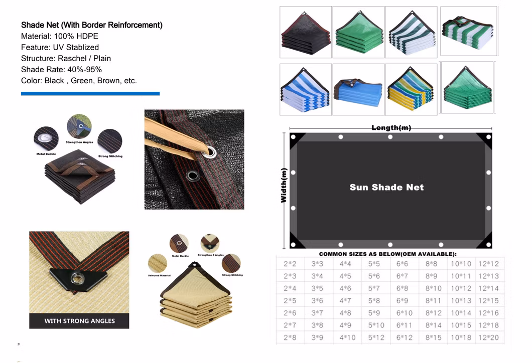 High-Quality Different Color 100% HDPE Plastic Waterproof Greenhouse/Agriculture Shading Rate 30% 40% 50% 60% with Sewing Strengthen Border Tape &amp; Met Shade Net