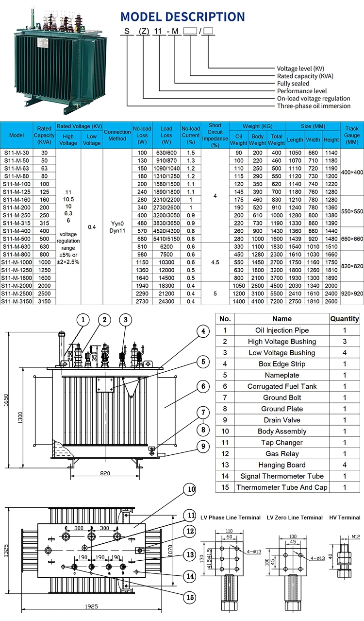 30 33 35 40 50 60 63 70 75 80 kVA 10 11 33 Kv/ 0.4 Kv 400V Phase 3 Step Down Auto Car Charging Station Oil Immersed Distribution Power Transformer