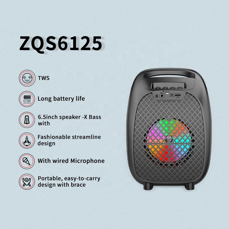 Zqs6125 Factory Price 6.5 Inch Outdoor Wireless Speaker Subwoofer Sound LED Light Portable Karaoke Speaker