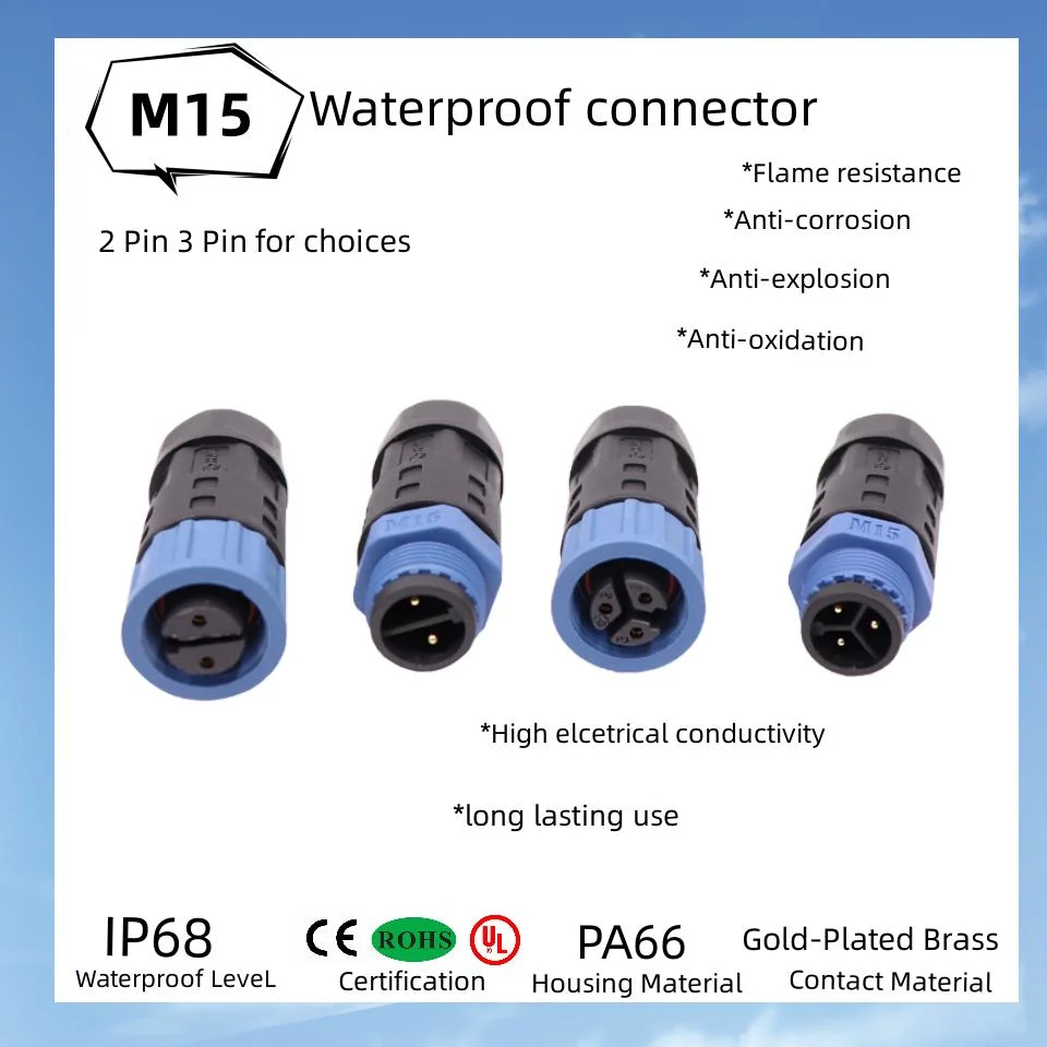 Aohua UL M15 Wire to Wire 3 Pin Field Assembly Thread Connection Waterproof Connector Outdor LED Light Module IP67/68 Power Cable Connector