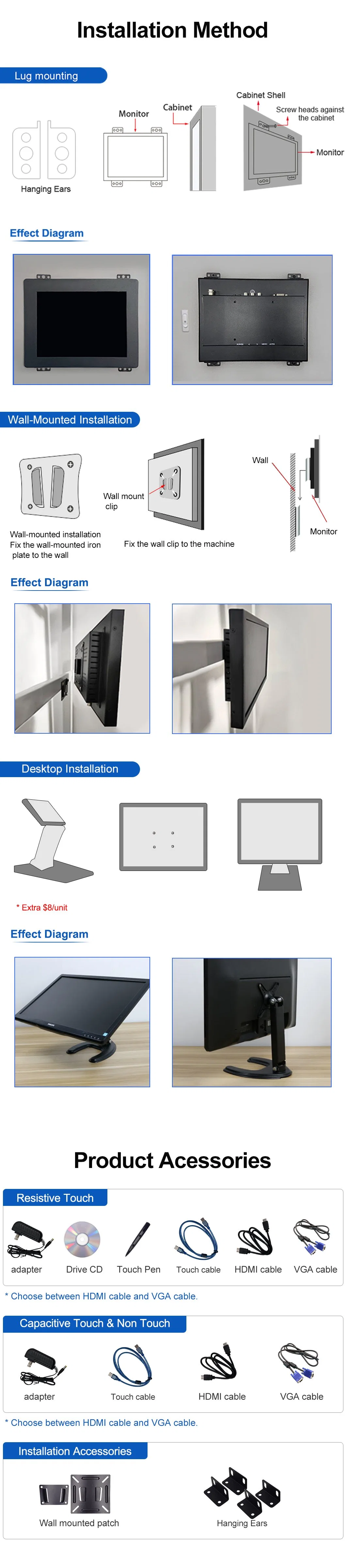 Capacitive Touch Screen Aluminum Frame TFT Wall Mounted 10.1 12 15 15.6 17 19 21.5 24 32 43 Inch TFT LED LCD IPS Open Frame Touch Screen Monitor