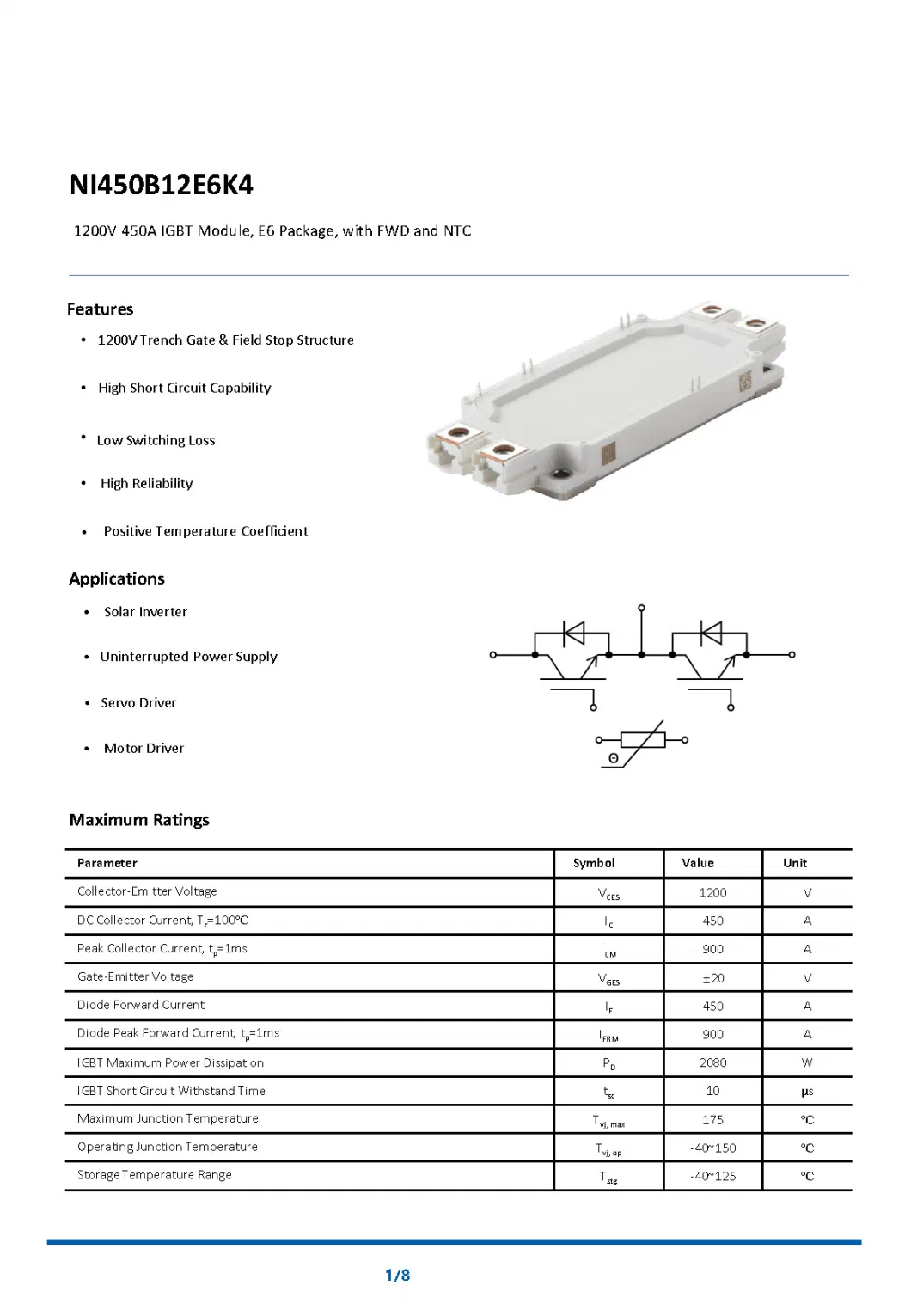 1200V 450A IGBT Module, E6 Package, with FWD and NTC High Short Circuit Capability Low Switching Loss NI450B12E6K4