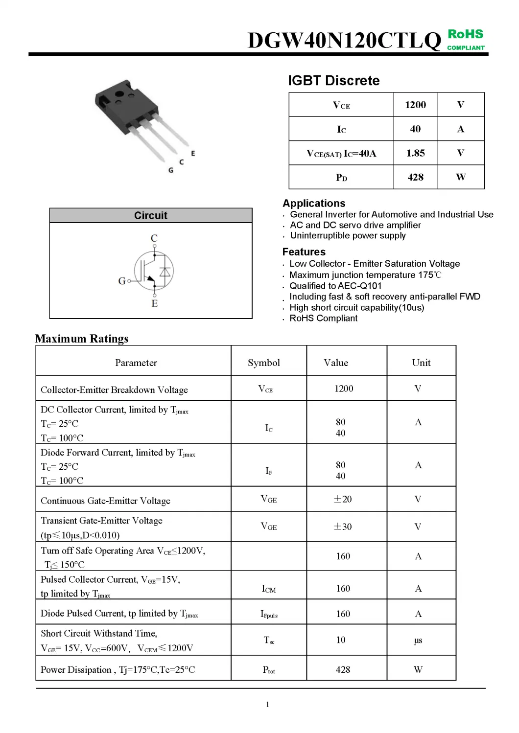 IGBT Modules VCES-1200V IC-40ALow Collector - Emitter Saturation Voltage fetures applications DGW40N120CTLQ