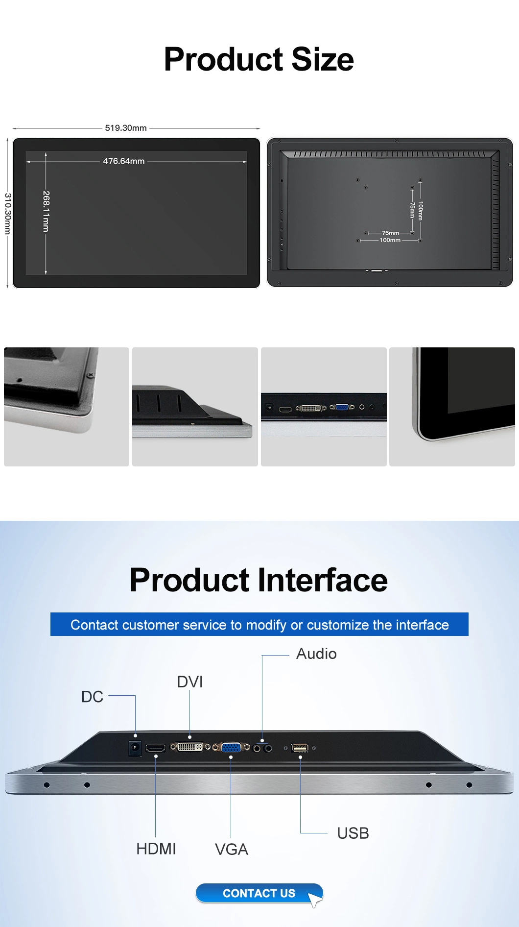 21.5 Inch IPS 1920*1080 HDMI VGA AV BNC Non Touch Screen Aluminum Frame TFT Wall Mounted OEM ODM Industrial LCD Monitor