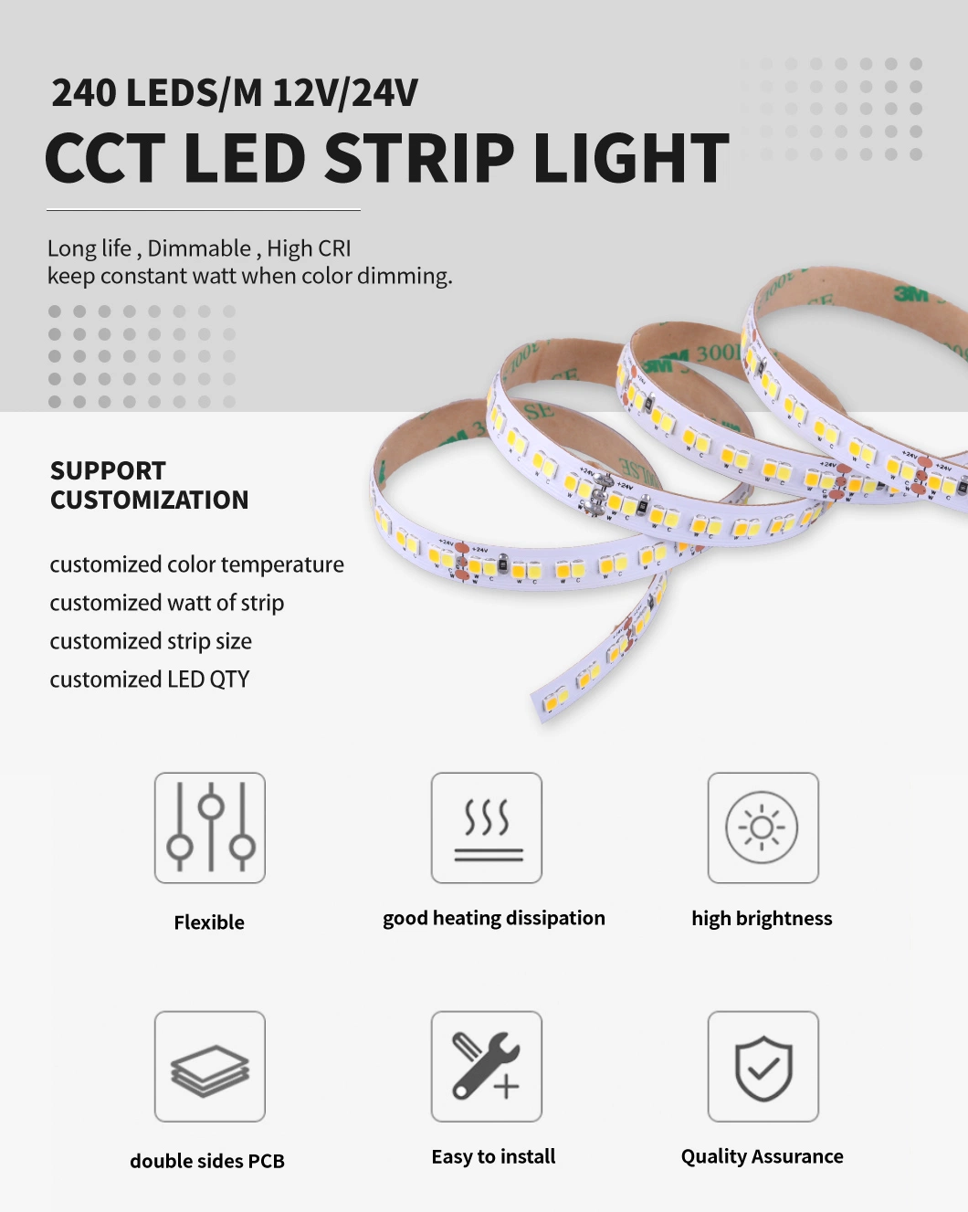 High Lumen Waterproof White CCT Flexible LED Strip Light TV Backlight Decoration Light