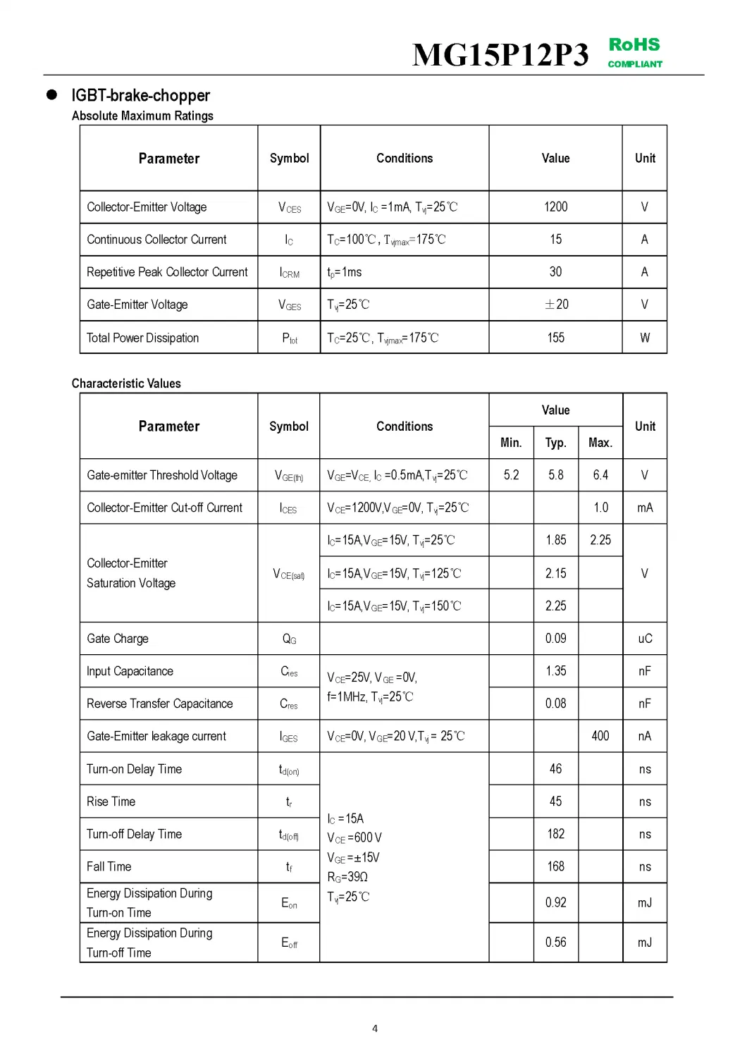 IGBT Modules VCES-1200V IC-15A Low switching losses Low inductance case fetures applications MG15P12P3