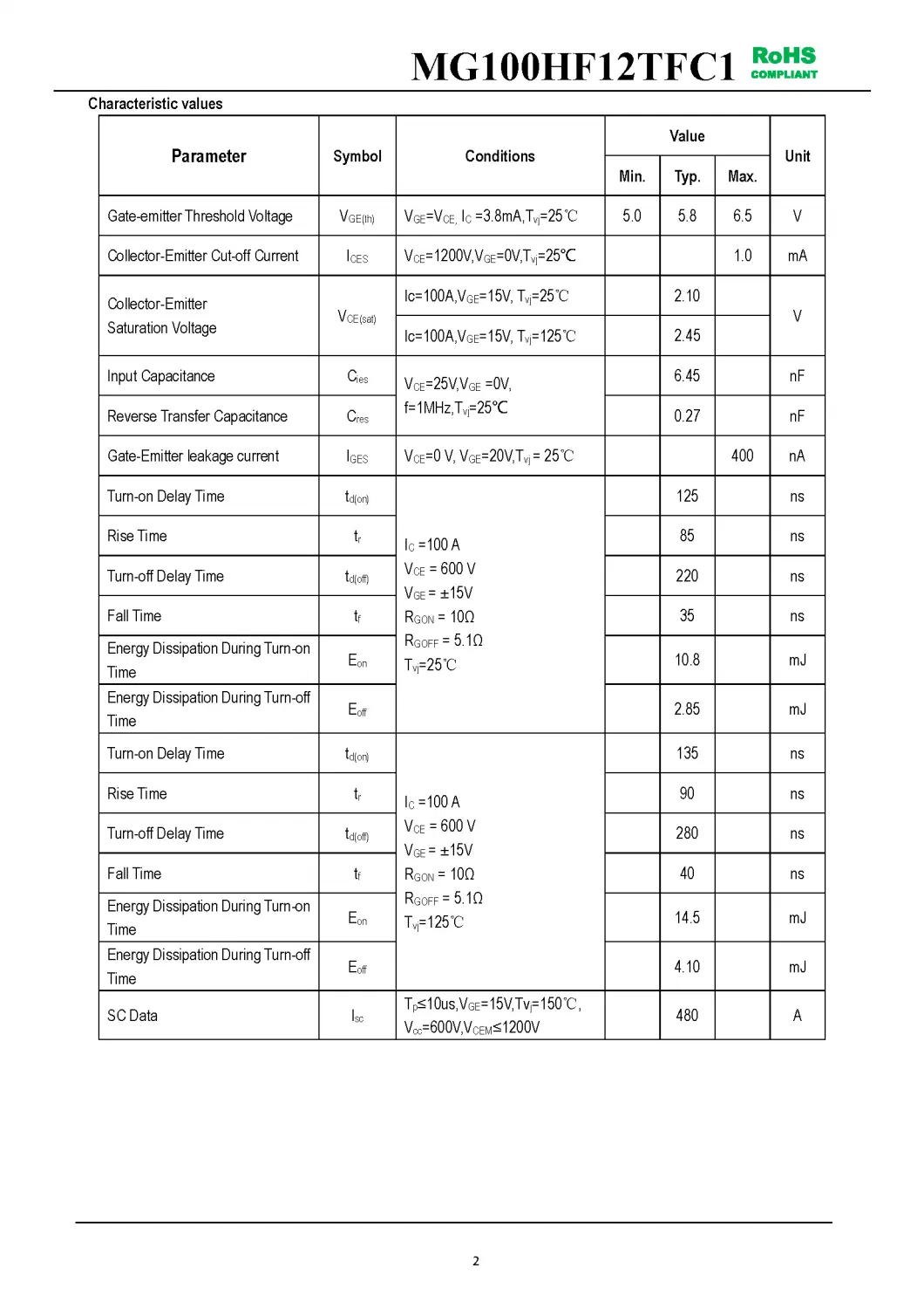 IGBT Modules VCES-1200V IC-100A Low inductance High short circuit capability(10us) fetures applications MG100HF12TFC1