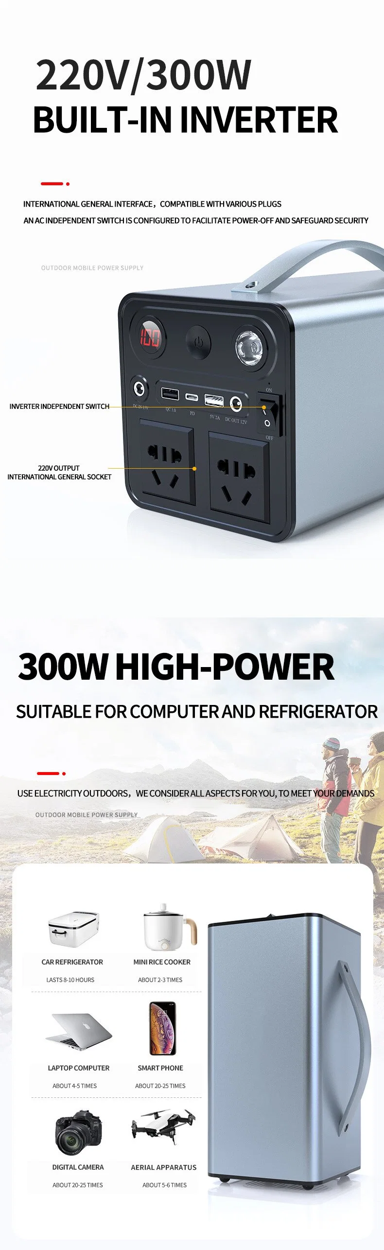 110V/220V Home Storage Battery Solar Portable Generator 500W 1000W Camping Power Supply