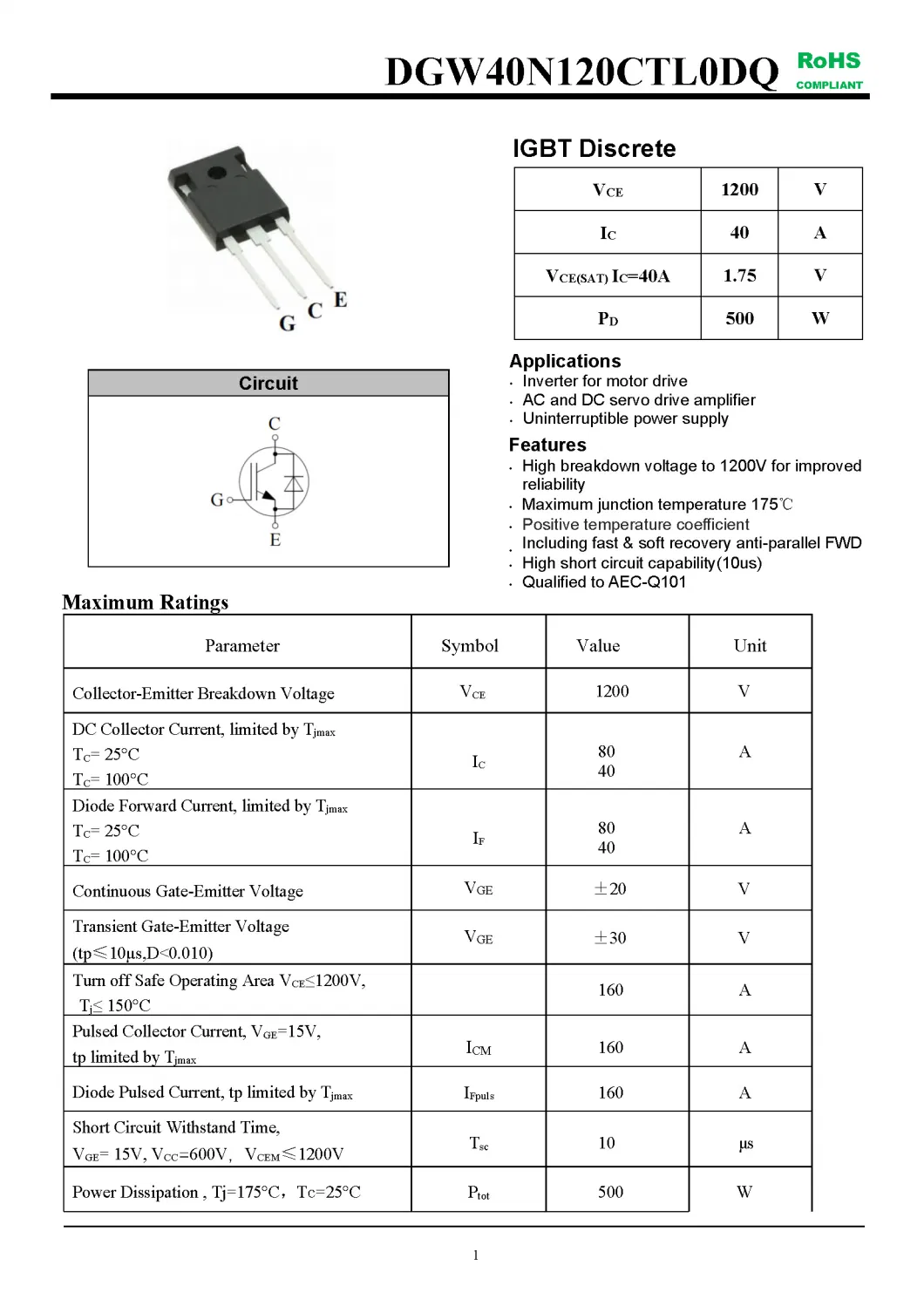 IGBT Modules VCES-1200V IC-40A Positive temperature coefficient fetures applications DGW40N120CTL0DQ