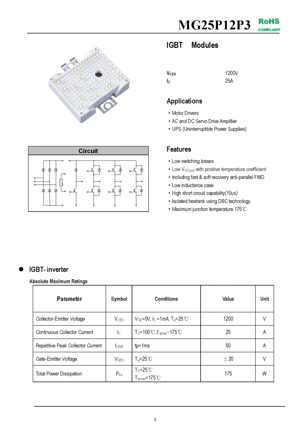 IGBT Modules VCES-1200V IC-25A Low switching losses Low inductance case fetures applications MG25P12P3