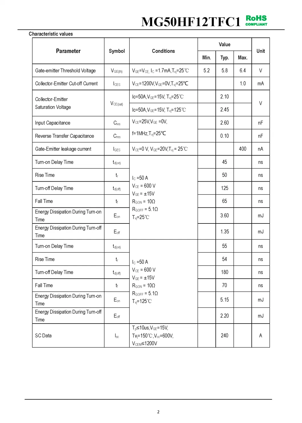 IGBT Modules VCES-1200V IC-50A Low inductance High short circuit capability(10us) fetures applications MG50HF12TFC1