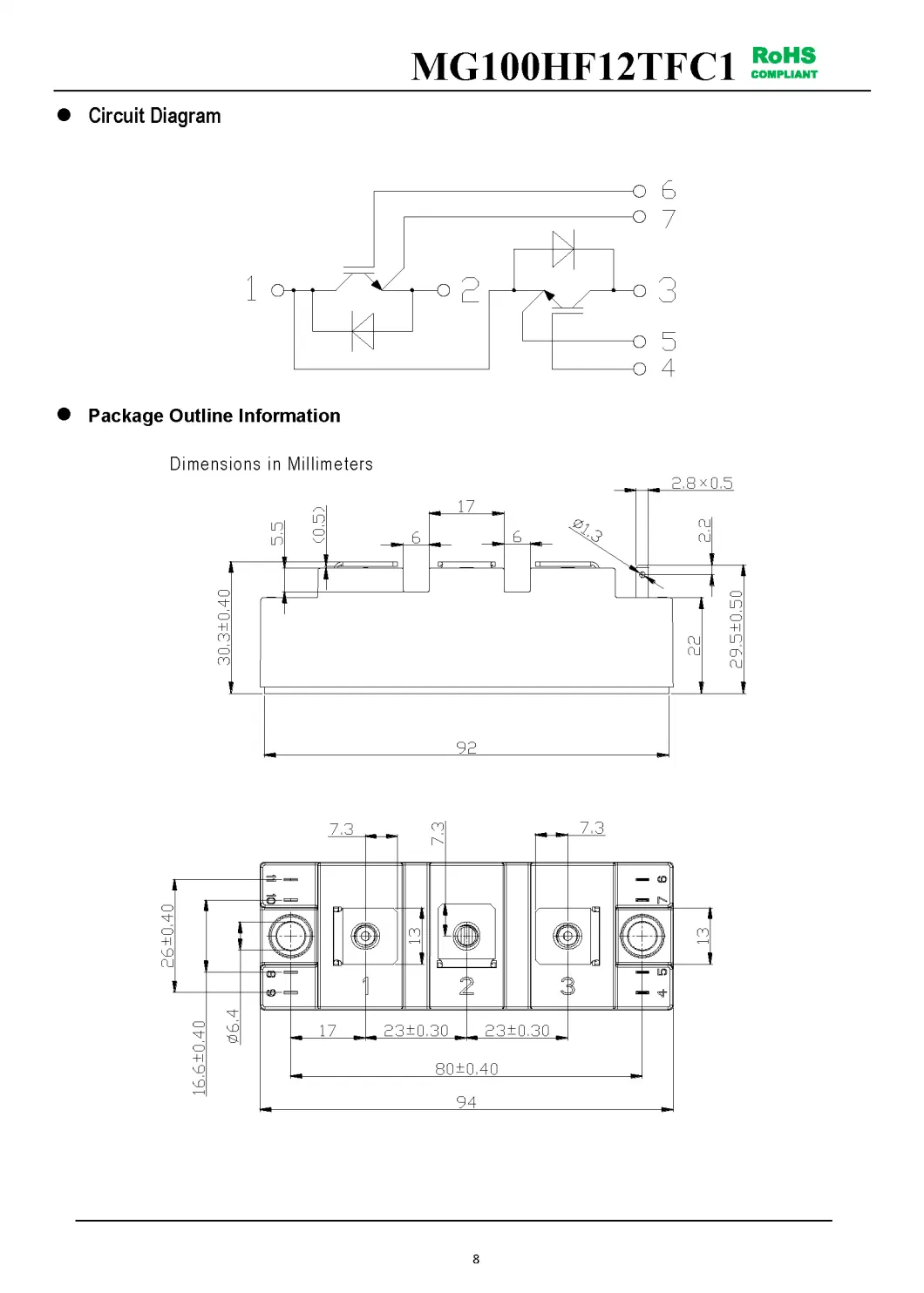 IGBT Modules VCES-1200V IC-100A Low inductance High short circuit capability(10us) fetures applications MG100HF12TFC1