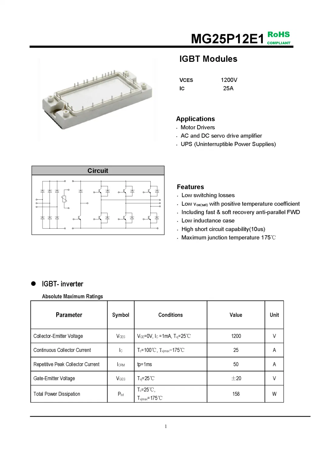 IGBT Modules VCES-1200V IC-25A Low switching losses Low inductance case fetures applications MG25P12E1