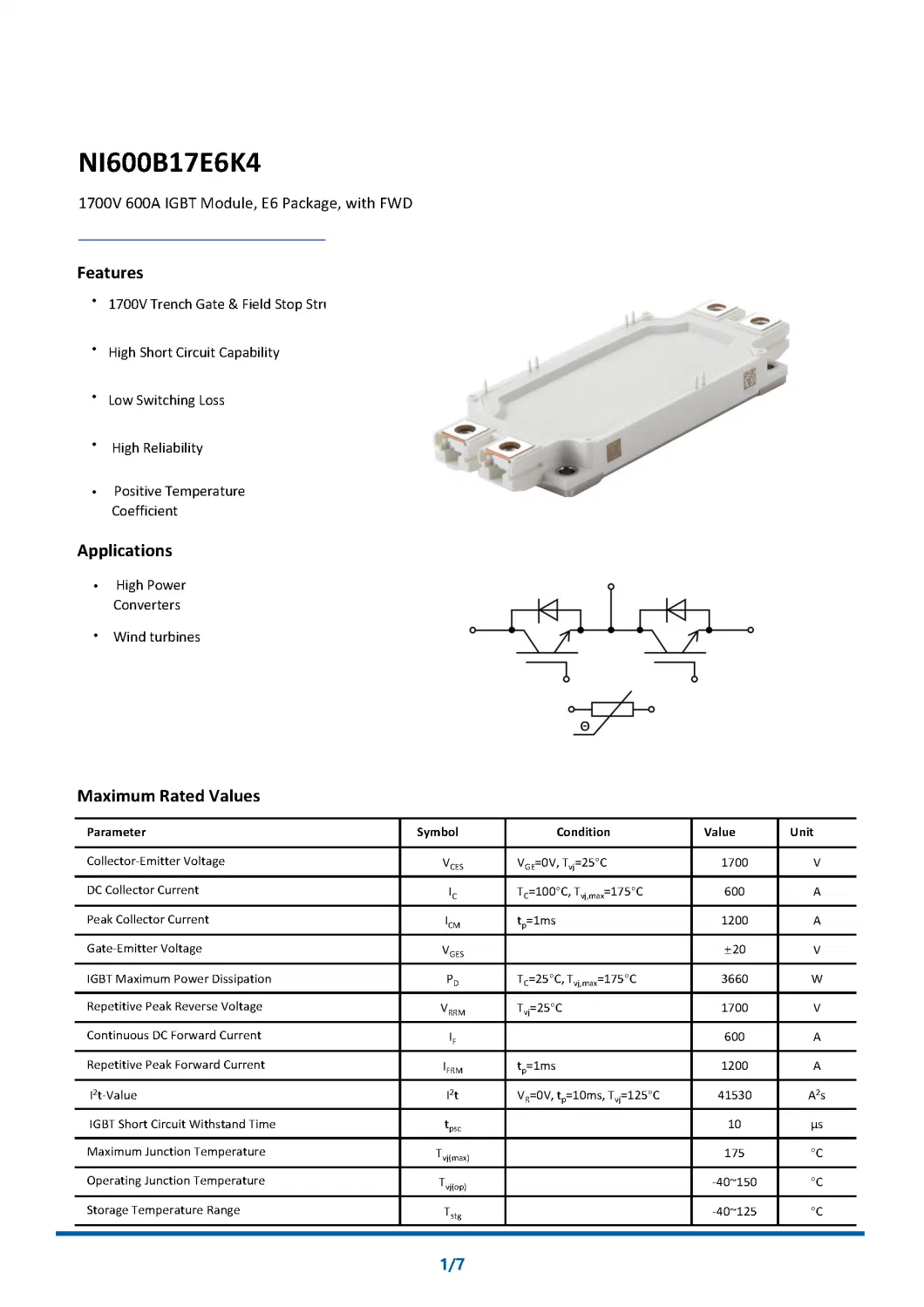 1700V 600A IGBT Module, E6 Package, with FWD High Short Circuit Capability Low Switching Loss NI600B17E6K4