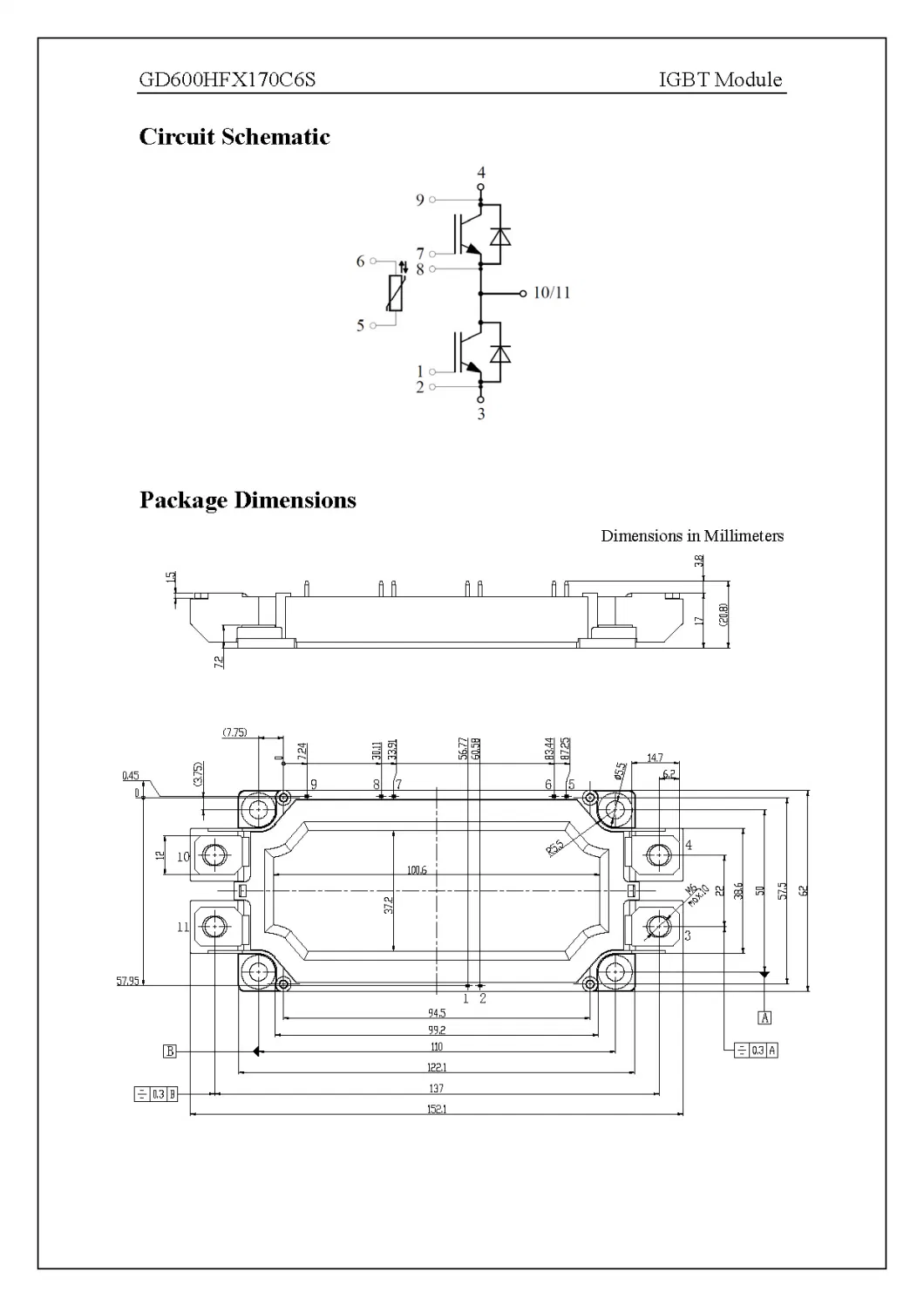 IGBT Power Module 10&amp;mu;s short circuit capability 1700V/600A 2 in one-package Fetures SEMICONDUCTOR Applications GD600HFX170C6S