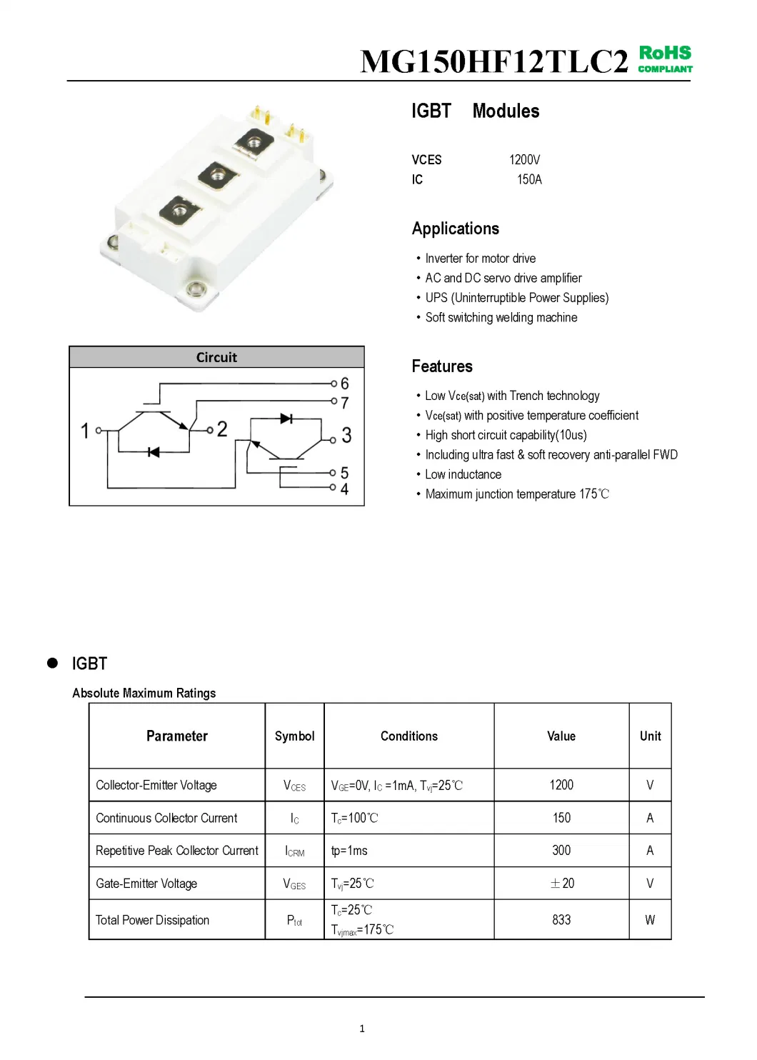 IGBT Modules VCES-1200V IC-150A Low Vce(sat) with Trench technology Low inductance MG150HF12TLC2