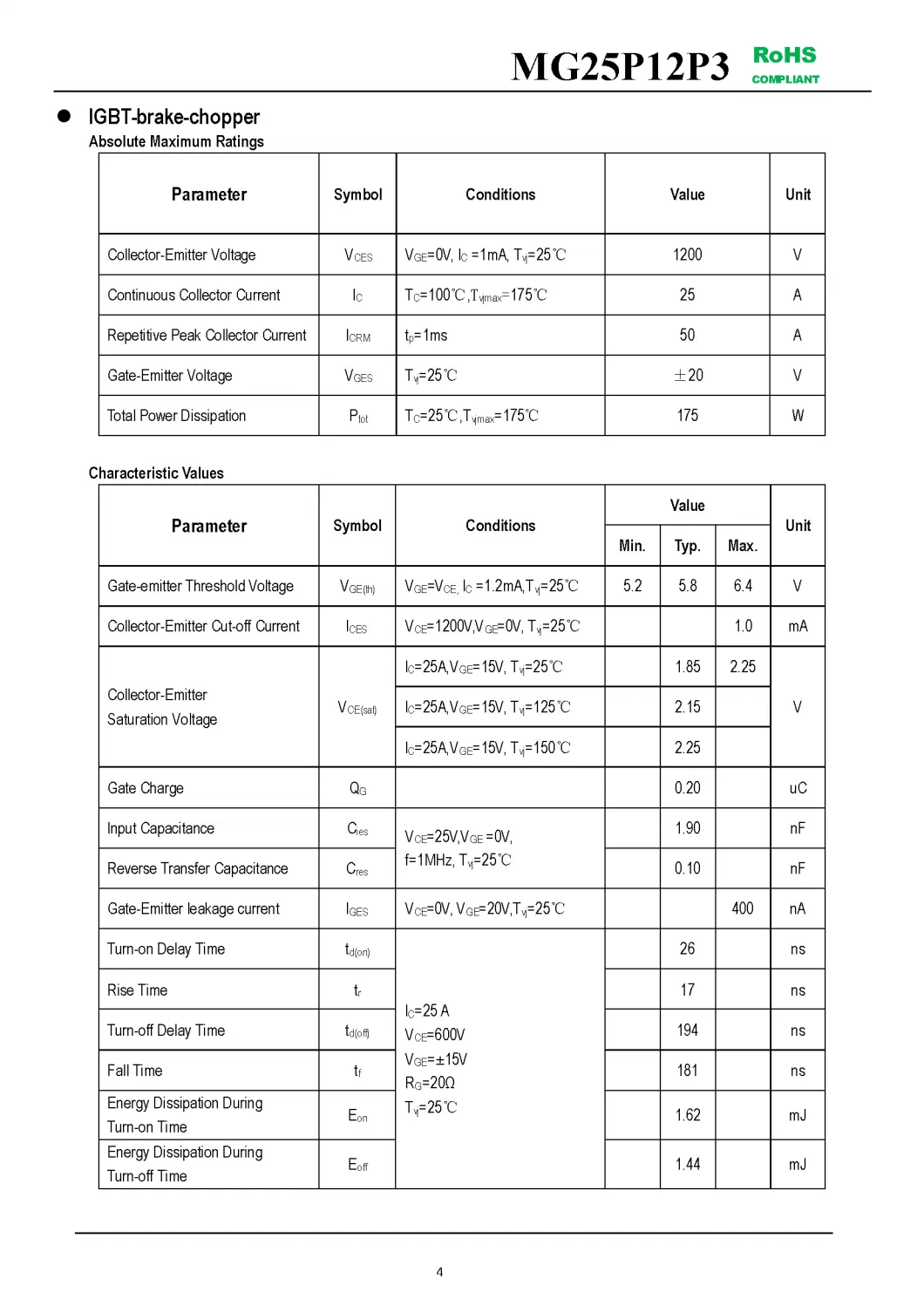 IGBT Modules VCES-1200V IC-25A Low switching losses Low inductance case fetures applications MG25P12P3