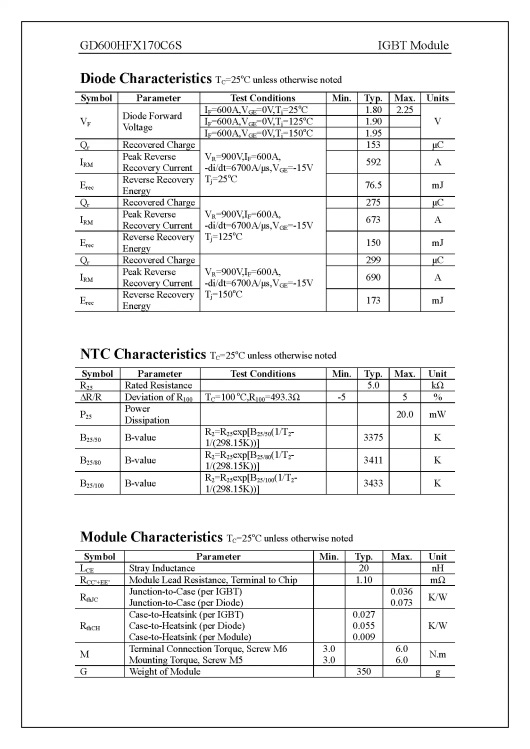 IGBT Power Module 10&amp;mu;s short circuit capability 1700V/600A 2 in one-package Fetures SEMICONDUCTOR Applications GD600HFX170C6S