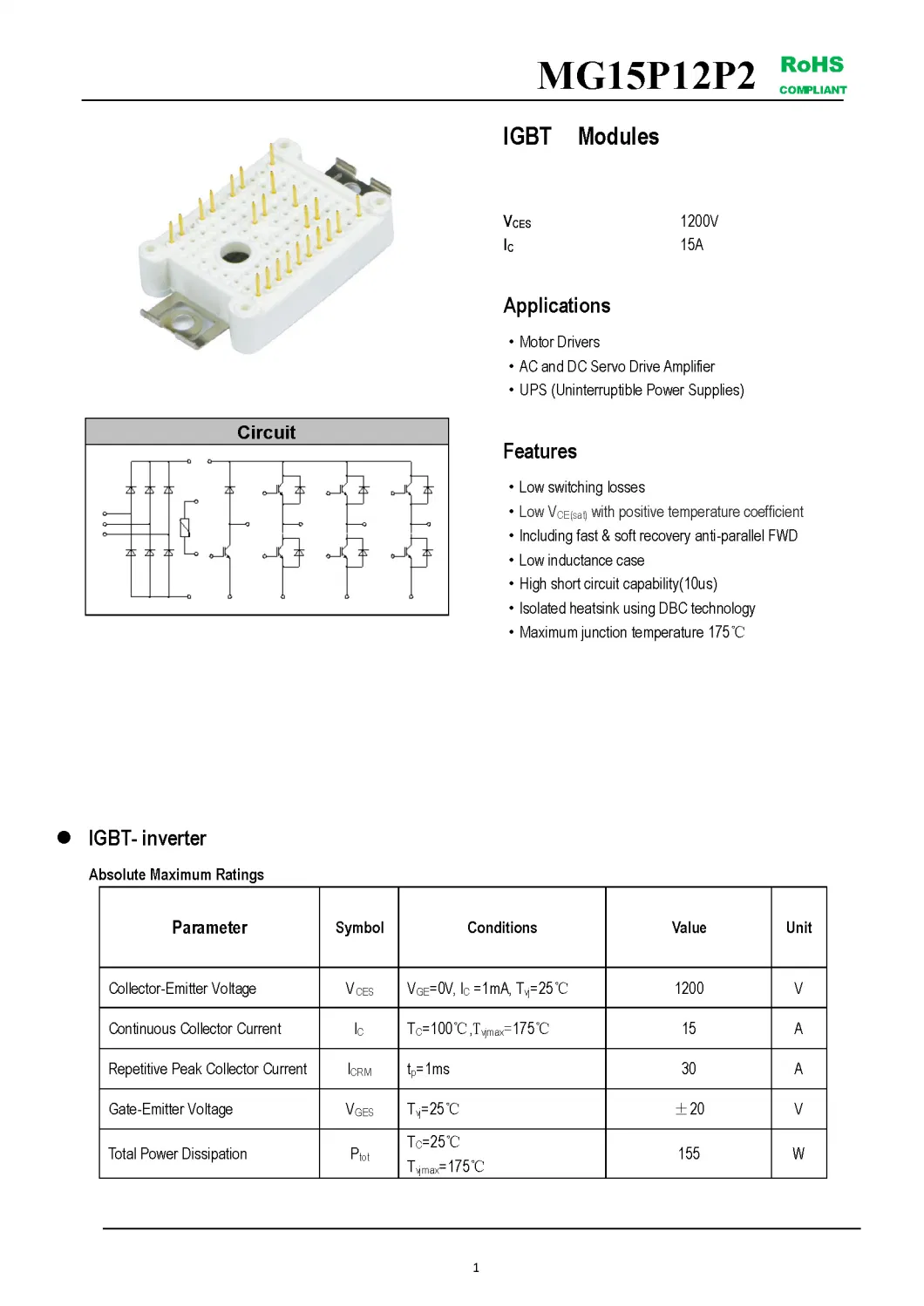 IGBT Modules VCES-1200V IC-15A Low switching losses Low inductance case fetures applications MG15P12P2