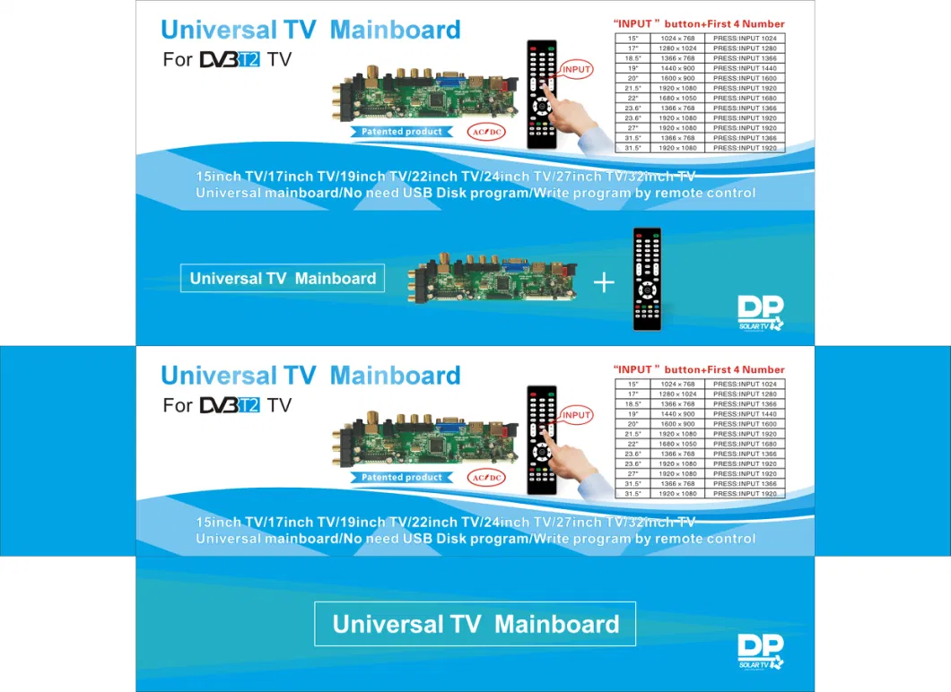 Universal TV Mainboard, 15-32 Inch No Need USB Update, by Remote, Patent No: Zl20*12062*037.2