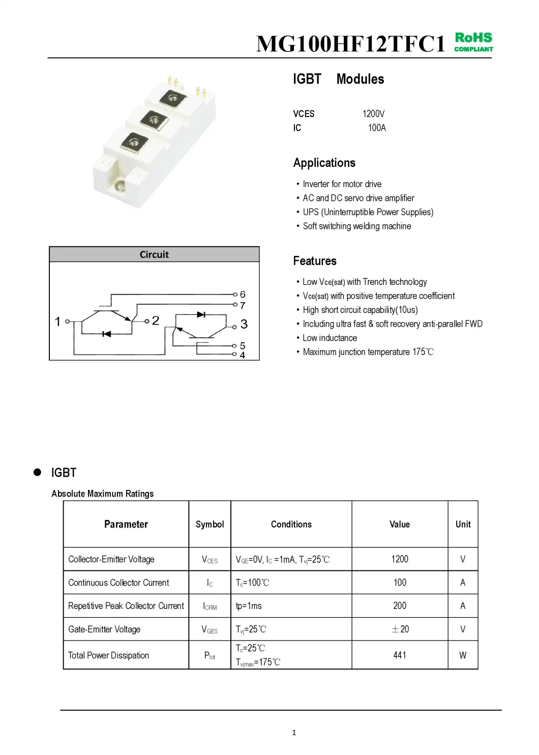 IGBT Modules VCES-1200V IC-100A Low inductance High short circuit capability(10us) fetures applications MG100HF12TFC1